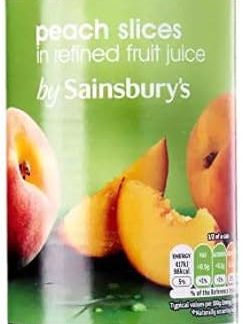 Дольки персика Sainsbury's в фруктовом соке, 411 г – дольки персика в очищенном виноградном соке.