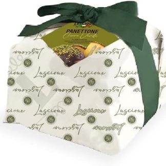 Luscioux Green Heart Панеттоне с фисташковым кремом, покрытый очень темным шоколадом и фисташками