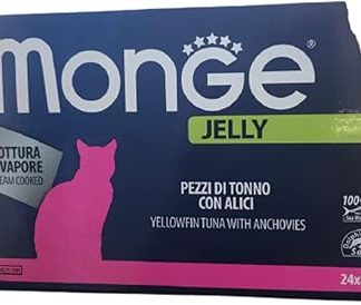 Натуральные кусочки тунца суперпремиум качества Monge Jelly, приготовленные на пару, для кошек. Упаковка из 24 коробочек (по 80 г каждая). Без красителей и консервантов.