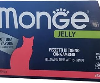 Натуральные кусочки тунца премиум-класса с креветками Monge Jelly для кошек, приготовленные на пару. Упаковка из 24 коробочек (по 80 г каждая). Без красителей и консервантов.