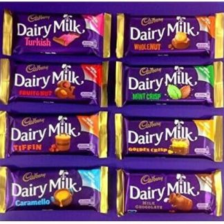 Набор из 8 шоколадных конфет Cadbury Dairy Irish Milk Chocolate: Dairy Milk, Tiffin, Turkish Delight, Mint Crisp, Golden Crisp, Fruit & Nut, Wholenut Bar и Caramello (Ирландия).