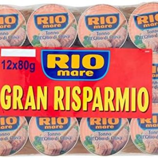 Rio Mare: Упаковка из 12 банок тунца в оливковом масле, высококачественный желтоперый тунец, 12 штук по 80 г, каждая 960 г, всего.