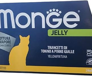 Натуральные лакомства для кошек Monge Jelly из высококачественного желтоперого тунца, приготовленные на пару. Упаковка из 24 коробочек (по 80 г каждая). Без красителей и консервантов.