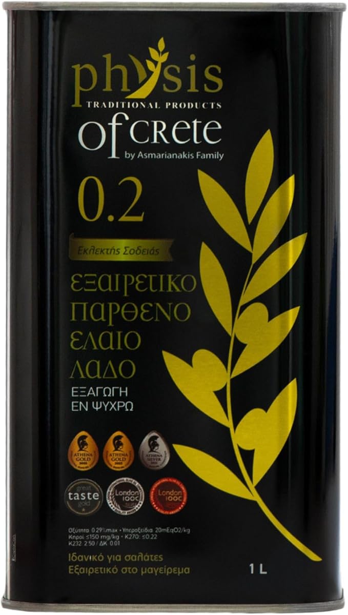Оливковое масло первого холодного отжима Physis of Crete 0.2 с Крита | Натуральное | Холодного отжима | Низкая кислотность | Идеально подходит для салатов и приготовления пищи | 1 л