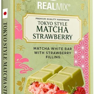 REALMIX Белый шоколад в токийском стиле с матчей и клубничной начинкой – плитка 100 г с настоящим японским чаем матча, произведено в Дубае.