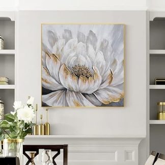 Картина маслом, серо-белая текстура, цветущий пион, золотая фольга, современная абстрактная картина без рамы, 100% ручная работа, масляная живопись на холсте, настенное искусство для гостиной, спальни, офиса, дома, 50 x 50 см (2 дюйма).