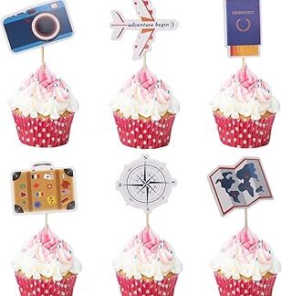 24 шт. Украшения для кексов на тему путешествий: самолеты, карта, фотоаппарат, кубики для украшения торта в виде мирового времени, для вечеринки по случаю рождения ребенка или выхода на пенсию.