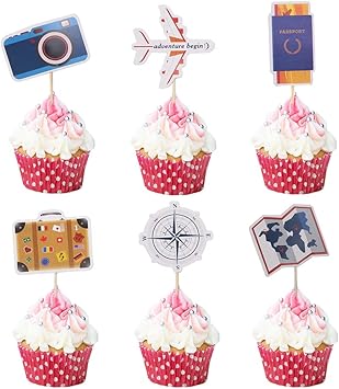 24 шт. Украшения для кексов на тему путешествий: самолеты, карта, фотоаппарат, кубики для украшения торта в виде мирового времени, для вечеринки по случаю рождения ребенка или выхода на пенсию.