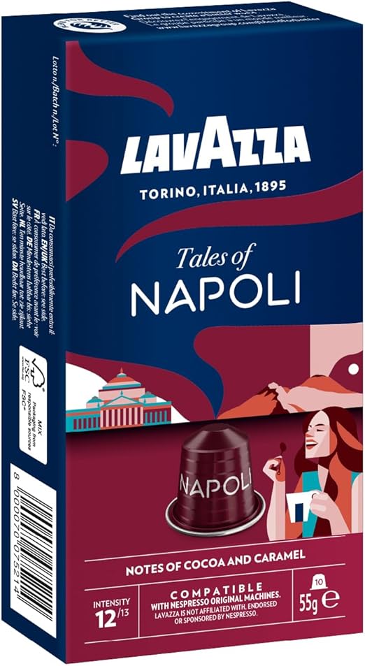 Lavazza, Tales of Napoli, 10 кофейных капсул, совместимых с кофемашинами Nespresso Original, с нотками какао и карамели, арабика и робуста, интенсивность 12/13, темная обжарка.