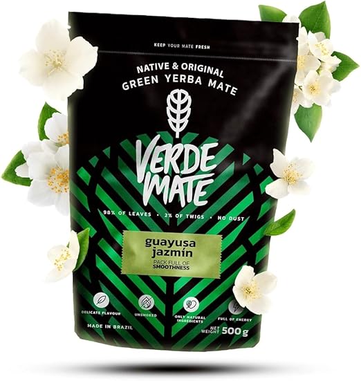 Зеленый мате Verde Mate с гуаюсой и жасмином 0,5 кг Уникальный мате с гуаюсой и жасмином 500 г Двойная сила бодрящего эффекта Нежный вкус Единственный в своем роде чай мате из Бразилии