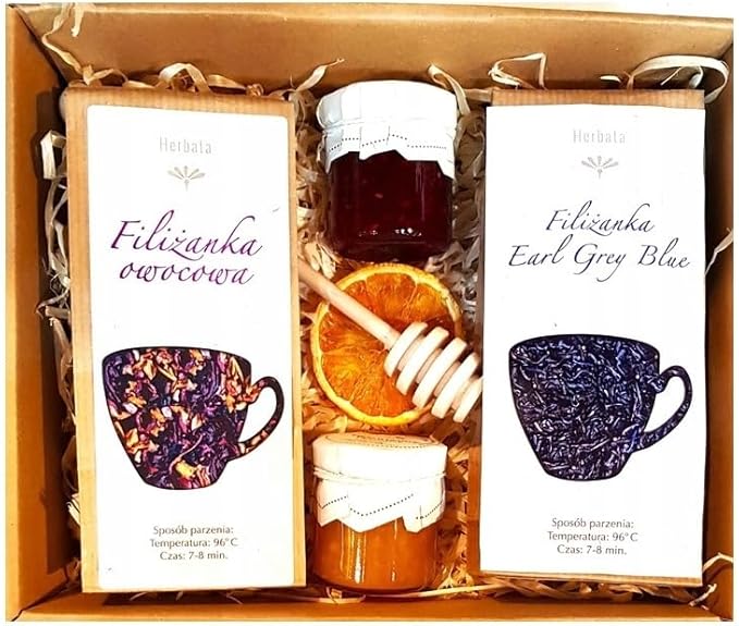 Подарочная корзина Granary с медом, чаем и джемом, набор из 6 натуральных продуктов в деревянной коробке, 1500 г, многоцветковый и липовый мед.