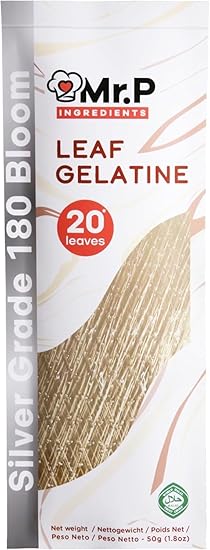 Желатин Mr.P. Ingredients, листовой, 20 листов, 50 г, серебряного качества, 180 Bloom, без глютена, без ГМО, говяжий желатин, халяль, листы в герметичном пакете.
