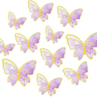 Набор из 30 украшений с золотой каймой, разных размеров, ярких цветов, с изображением бабочки, кекса, фиолетового цвета.