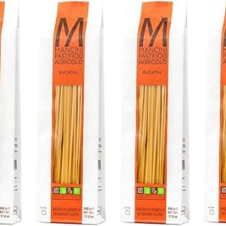 Mancini Pastificio Agricolo Bucatini Linea Classica – ремесленные макароны из манной крупы твердых сортов пшеницы из Марке, спрессованные в бронзе, медленно высушенные – 4 упаковки по 500 г