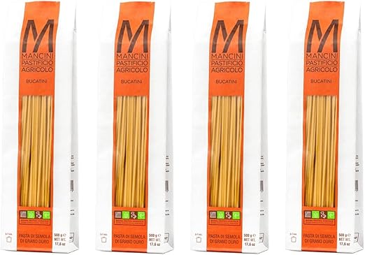 Mancini Pastificio Agricolo Bucatini Linea Classica – ремесленные макароны из манной крупы твердых сортов пшеницы из Марке, спрессованные в бронзе, медленно высушенные – 4 упаковки по 500 г