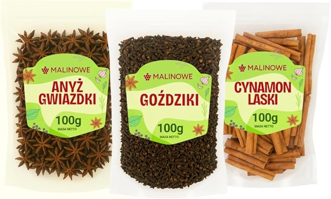 Набор для зимнего аромата: малина, звездчатый анис 100 г, палочки корицы 100 г, гвоздика 100 г.