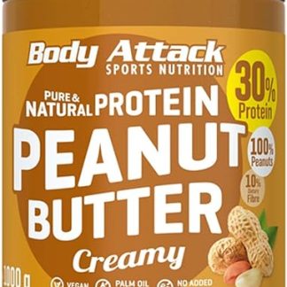 Протеиновое арахисовое масло Body Attack, 1 кг, кремообразное, веганское, натуральное арахисовое масло без соли и пальмового жира - арахисовое масло с низким содержанием сахара и 30% белка.