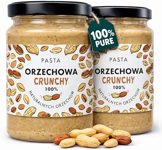 Хрустящая арахисовая паста, 100% арахис, без добавления сахара и пальмового масла, с кусочками арахиса — натуральный источник белка, веганская паста, набор из 2 упаковок по 300 г.