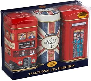 Набор чая Heritage Tea Selection Triple Tea в жестяных банках, 28 чайных пакетиков, подарочная упаковка с изображением британского флага.