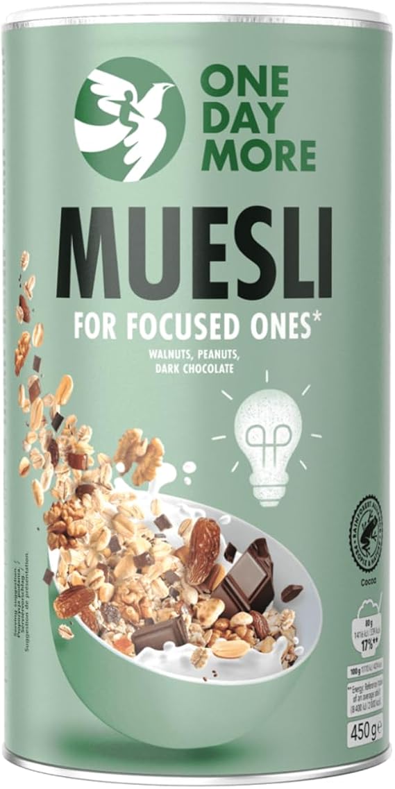 Концентрированные мюсли OneDayMore | 450 г | Грецкие орехи, жареный арахис, темный шоколад и семена чиа | Высокое содержание клетчатки, магния и железа