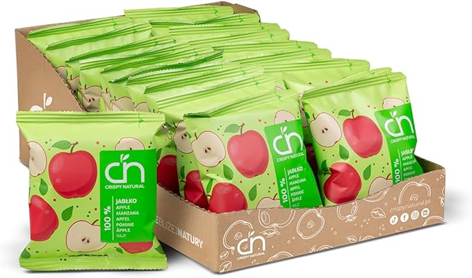 Хрустящие натуральные сушеные яблоки, 24 шт. по 18 г. Натуральные, без добавления сахара, без глютена. Удобная упаковка.