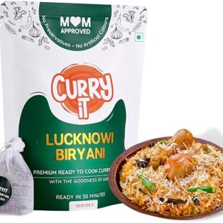 CURRYiT — мгновенная паста для карри «Лакнауи Бирьяни». Просто добавьте рис, курицу, баранину или панир. Готово за 30 минут. На 4-6 порций. Приготовлено на топленом масле. Без консервантов. Готовый к приготовлению индийский соус масала, 250 г.