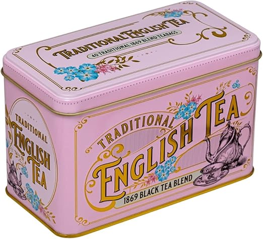 Чай New English Teas в винтажной викторианской розовой жестяной коробке с 40 пакетиками чая English Breakfast 1869 года.