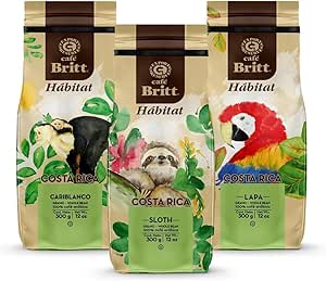 Кофе Café Britt - набор коста-риканского кофе Habitat (340 г) (3 упаковки) (кофе из регионов Sloth, Lapa и Cariblanco) - цельные зерна, арабика, кошерный, без глютена, изысканный, средней светлой и темной обжарки.