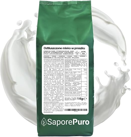 Обезжиренное сухое молоко SaporePuro 1 кг – молоко для потребления человеком Высокая растворимость Идеально подходит для выпечки тортов, хлеба и мороженого Профессиональное и промышленное использование Без глютена