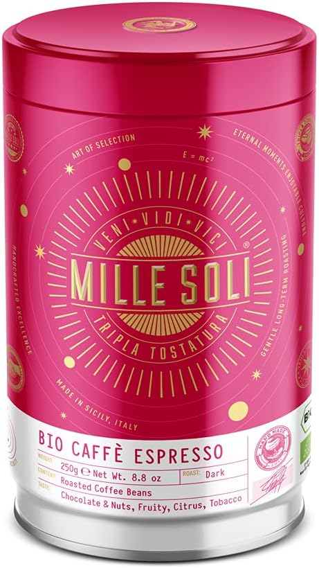 Кофейные зерна MilleSoli Organic для эспрессо, традиционная тройная обжарка, ручная работа, премиум-класса, для полностью автоматических и фильтр-кофеварок (банка 250 г (1 упаковка))