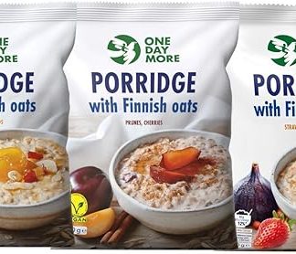 Набор овсяной каши OneDayMore с финскими овсяными хлопьями – абрикос и миндаль, слива и вишня, клубника и инжир 3×390 г Натуральный завтрак, богатый клетчаткой и энергией