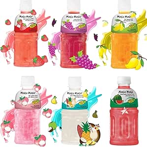 MOGU MOGU: клубника, личи, манго, дыня, арбуз, виноград, апельсин, пина колада и кокосовый сок. 15 бутылок по 320 мл.