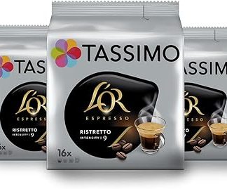 Tassimo, 80 капсул для приготовления эспрессо Ristretto L'OR, совместимы с кофемашинами TASSIMO, 80 порций крепкого и очень крепкого кофе, 5 упаковок по 16 капсул (упаковка может отличаться).
