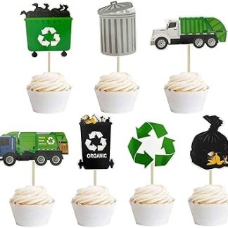 Товары для вечеринки в стиле «Мусорный грузовик»: украшения для кексов в виде мусорного грузовика, товары для вечеринки, посвященной управлению отходами и переработке.