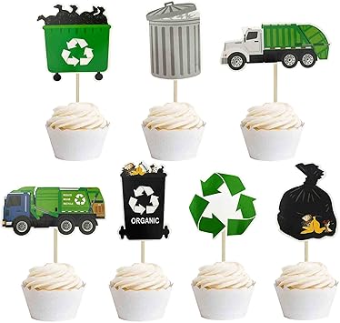 Товары для вечеринки в стиле «Мусорный грузовик»: украшения для кексов в виде мусорного грузовика, товары для вечеринки, посвященной управлению отходами и переработке.