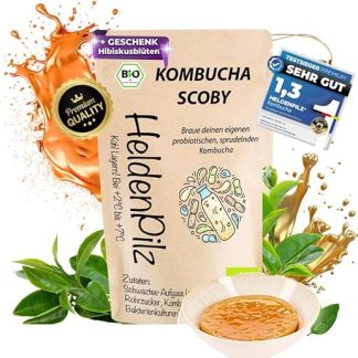 HeldenPilz® Органический SCOBY для комбучи Быстрорастущие чайные грибы SCOBY + стартовая жидкость + подарочная упаковка Производство до 6 литров 100% натуральные ингредиенты Органический, экологичный и упакован без