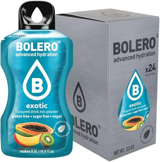 Напиток Bolero, 24 пакетика, 3 г, фруктовые палочки, растворимый порошок для приготовления напитка из чистой воды, 72 грамма, подслащен стевией (экзотическая).
