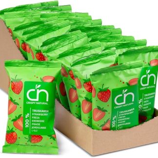 Хрустящие натуральные клубничные чипсы, 20 x 10 г. Чипсы из сухофруктов, натурально хрустящие. Здоровый перекус без добавления сахара, без глютена и с высоким содержанием клетчатки. Удобная упаковка.