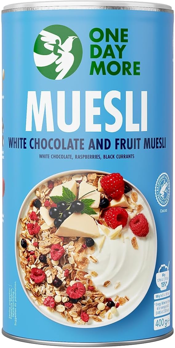 Мюсли OneDayMore с фруктами и белым шоколадом, 400 г. Овсяные и ячменные хлопья с малиной и черной смородиной. Завтрак, богатый клетчаткой. Овсяные мюсли с белком. Сублимированные фрукты.