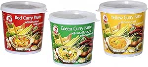 Набор образцов пасты карри Cock Brand - 3 штуки (3 x 400 г) - 3 вида, по 1 банке красной, зеленой и желтой пасты карри.