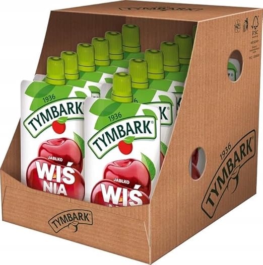 Фруктовый мусс Tymbark со вкусом яблока, вишни и банана, 12 пакетиков по 120 г, закуска в пакетиках.