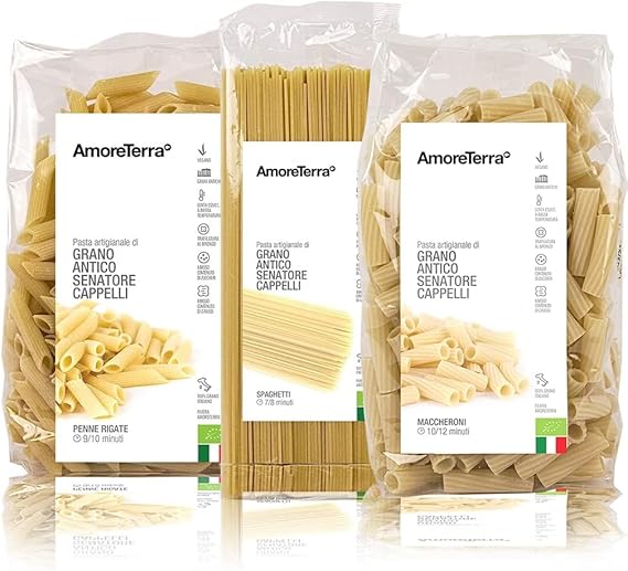AmoreTerra (18 шт.) Паста Senatore Cappelli Penne, спагетти и органическая паста 500 г, старые зерна, органическое производство, коричневая матрица, высушена при низкой температуре