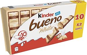 KINDER Bueno Белый молочный с фундуком – упаковка из 10 батончиков по 2 штуки.