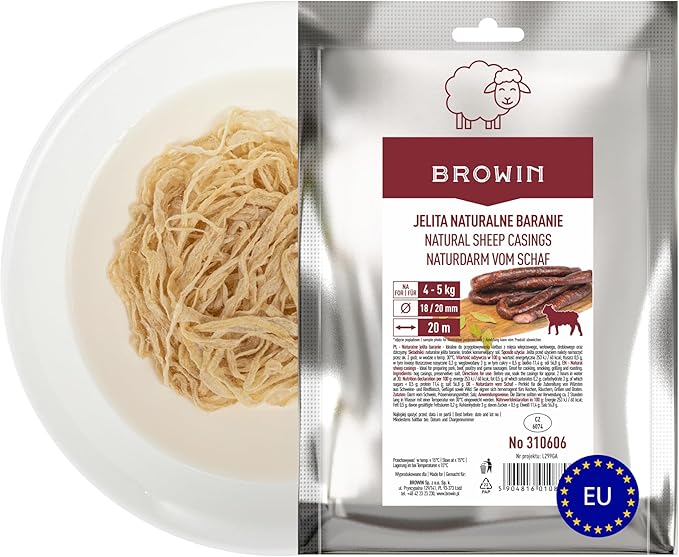 BROWIN® Овечья оболочка, натуральная оболочка 310606 высококачественная натуральная оболочка для домашних колбас, можжевеловой колбасы, белой колбасы, печеной колбасы калибр 18/20 мм, 20 метров 4-5 кг мяса