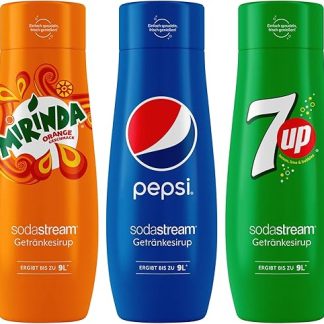 Набор сиропов SodaStream для приготовления напитков Pepsi, 7Up и Mirinda, 3 x 440 мл сиропа на 9 литров готового напитка.
