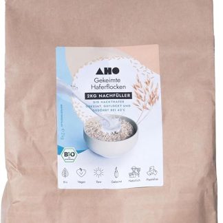 Овсяные хлопья AHO из пророщенных овса, 2 кг (для повторного наполнения), органические, произведены в Германии и Австрии, упаковка без пластика, органический овес, пророщенный и высушенный при температуре 42°C.