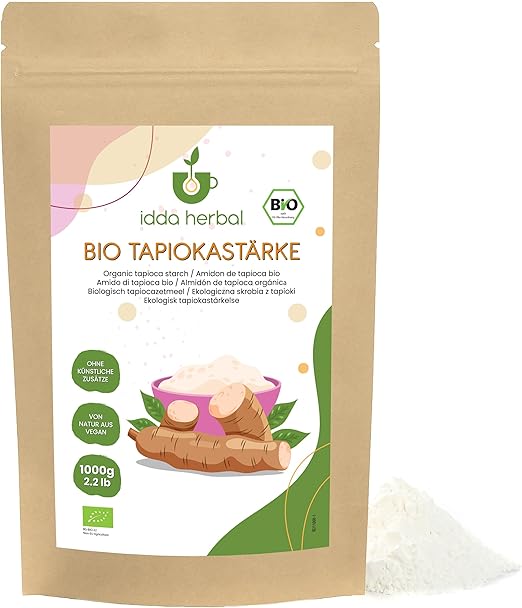 Органическая тапиоковая мука IDDA Herbal, 1 кг, молотый органический тапиоковый крахмал, безглютеновая мука.