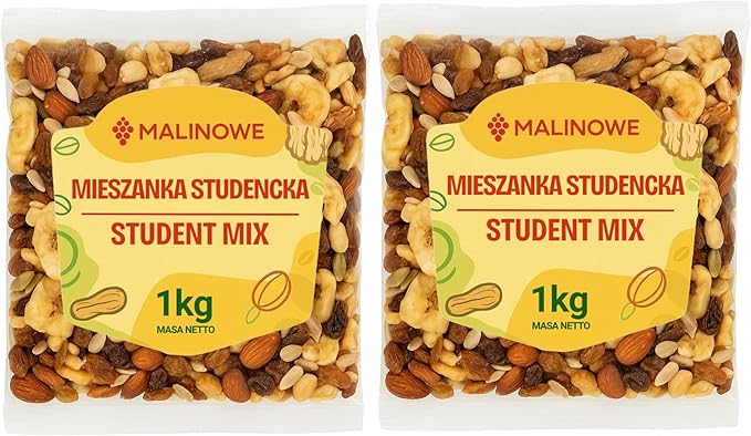 Набор для студентов с малиной: 2 упаковки по 1 кг орехов и сухофруктов.