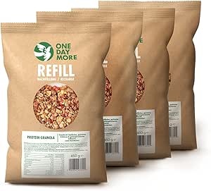 Набор для пополнения запасов протеиновой гранолы OneDayMore 4 упаковки по 400 г 28% белка Много фруктов, без кукурузного сиропа с высоким содержанием фруктозы и пальмового масла Экономичный набор