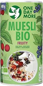 Мюсли OneDayMore с органическими фруктами 400 г Сертифицированные органические ингредиенты Сушеные абрикосы, изюм, кокос, сублимированная вишня и смородина Без добавления сахара, с высоким содержанием клетчатки